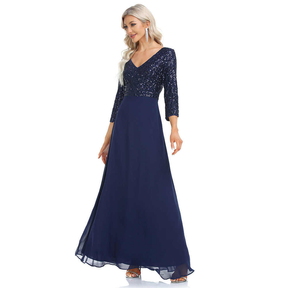 2023 Spring and Summer Women's Chiffon Bridesmaid Dress Double V-neck Dress 3/4 Sleeve A- line Large Hem Sequin Stitching Evening Dress