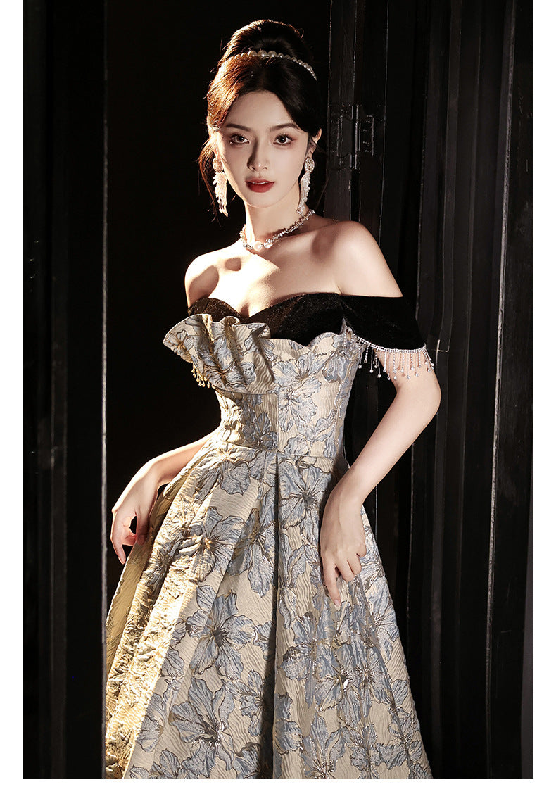 off-Shoulder Banquet Evening Dress Dress Female Gao Ding French Entry Lux Niche High-End Temperament Senior Sense Host Adult Ceremony