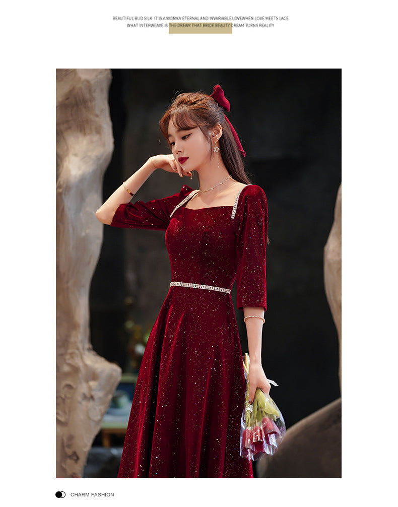 Toast Dress Bride 2024 New Autumn and Winter Fairy Wine Red Engagement Dress Wedding Back Door Toast Dress