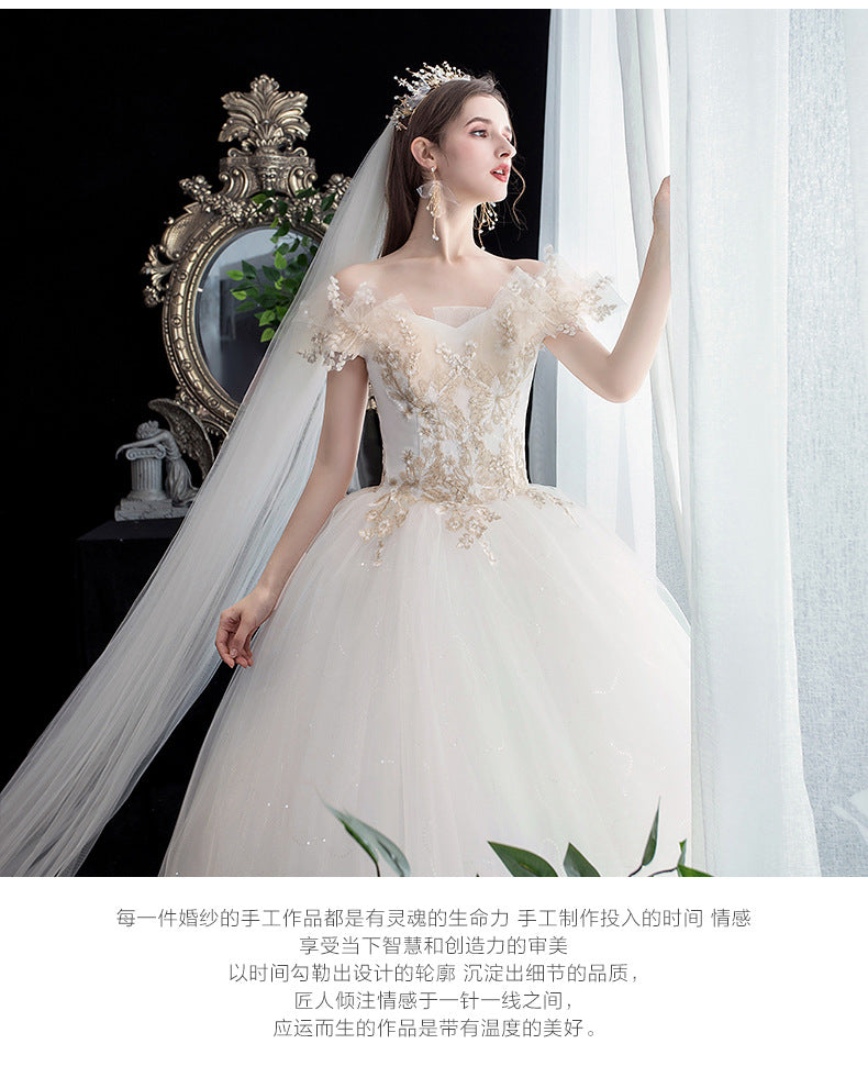 Wedding Dress Bridal New French Style Floor-Length Simple Forest Style Slimming Off-Shoulder Studio Light Wedding Dress H25