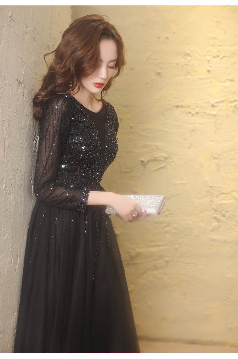 Black Evening Dress Female 2024 Autumn New Master Host Art Exam Dress Choral Performance Long Dress