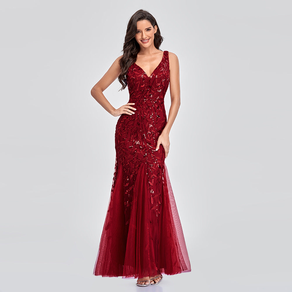 New 2023 Dress Sexy Dress Sleeveless V-neck Embroidery Sequin Slim Fishtail Bridesmaid Evening Dress for Women