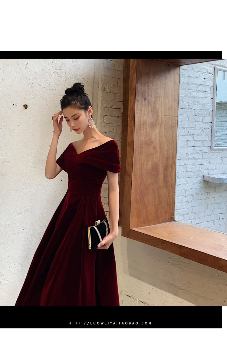 Bridal Toast Clothing Velvet 2024 New High-Grade off-Shoulder Banquet Temperament Engagement License Host Evening Dress