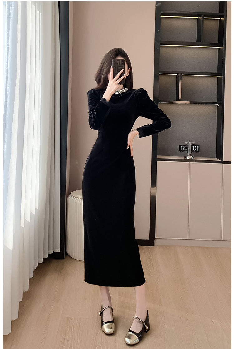 Black Dress High-End Dress Long Light Luxury Beads Rhinestones Long Sleeve Velvet Dress Autumn and Winter Annual Party Banquet Evening Wear