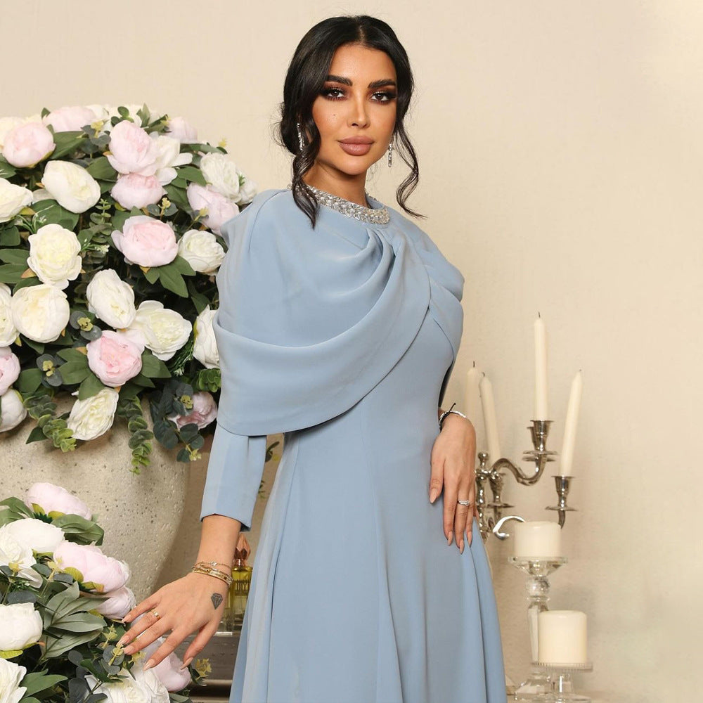 Xqy500321 Middle East Cross-Border Muslim Robe Abaya Fashion Neckline Inserted Beads Rhinestone Strip Shawl Collar Dress