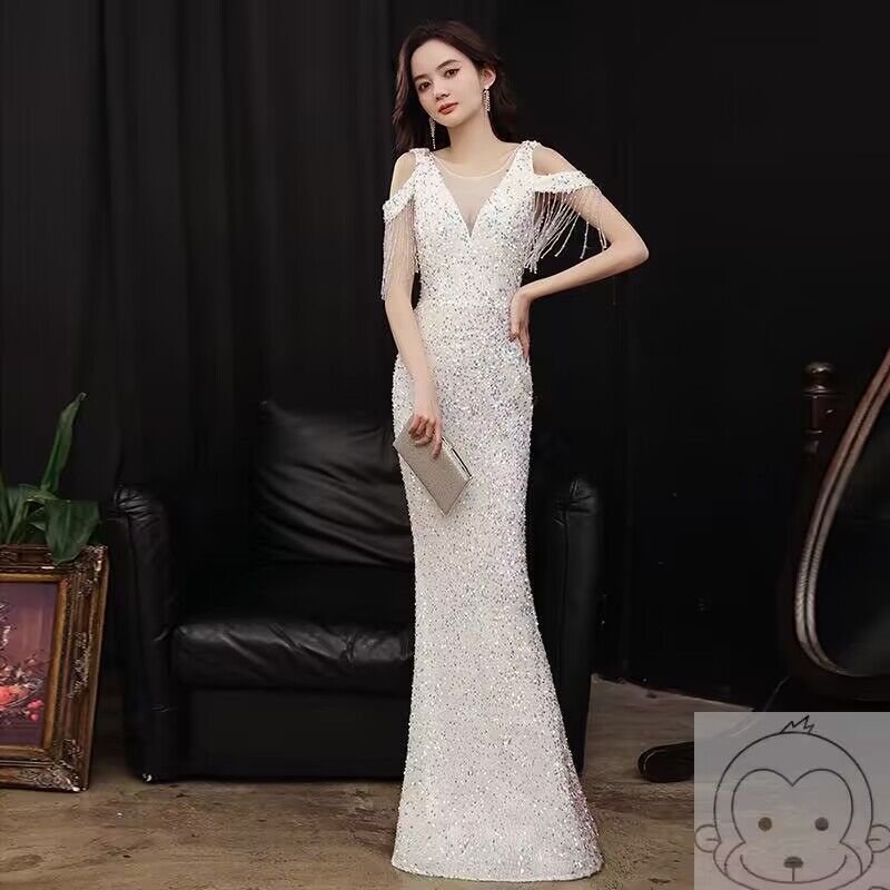 3185 Heavy Industry Evening Dress Women's New Banquet Temperament High-End Fishtail Host Socialite Light Luxury Minority High-End