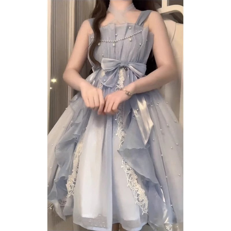 French First Love Sweet Dress Lolita Princess Birthday Little Dress Ruffled Spaghetti Straps Dress High Sense