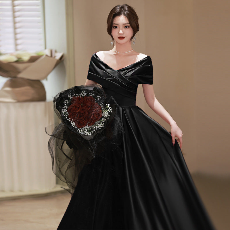 Bridal Toast Clothing Velvet 2024 New High-Grade off-Shoulder Banquet Temperament Engagement License Host Evening Dress