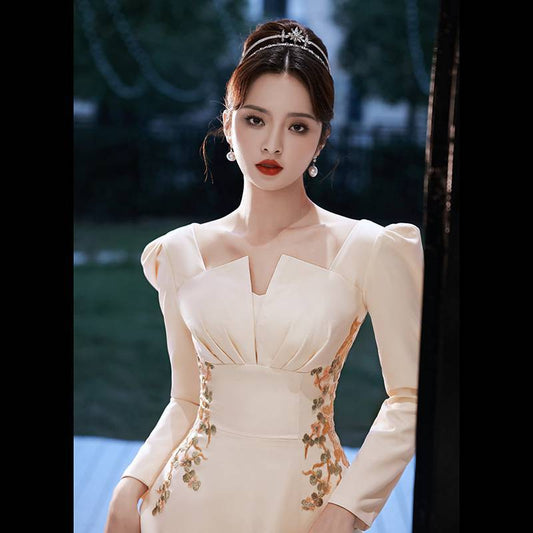 Dinner dress Champagne Embroidered Long-Sleeved Evening Dress Women's Long-Sleeved Banquet Temperament Host H29903