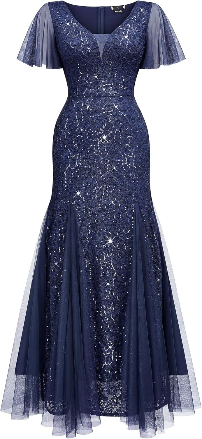 Cross-Border EBay Amazon European and American New Women's V-neck Dress Lace Chiffon Double-Layer Dress Sequined Evening Dress