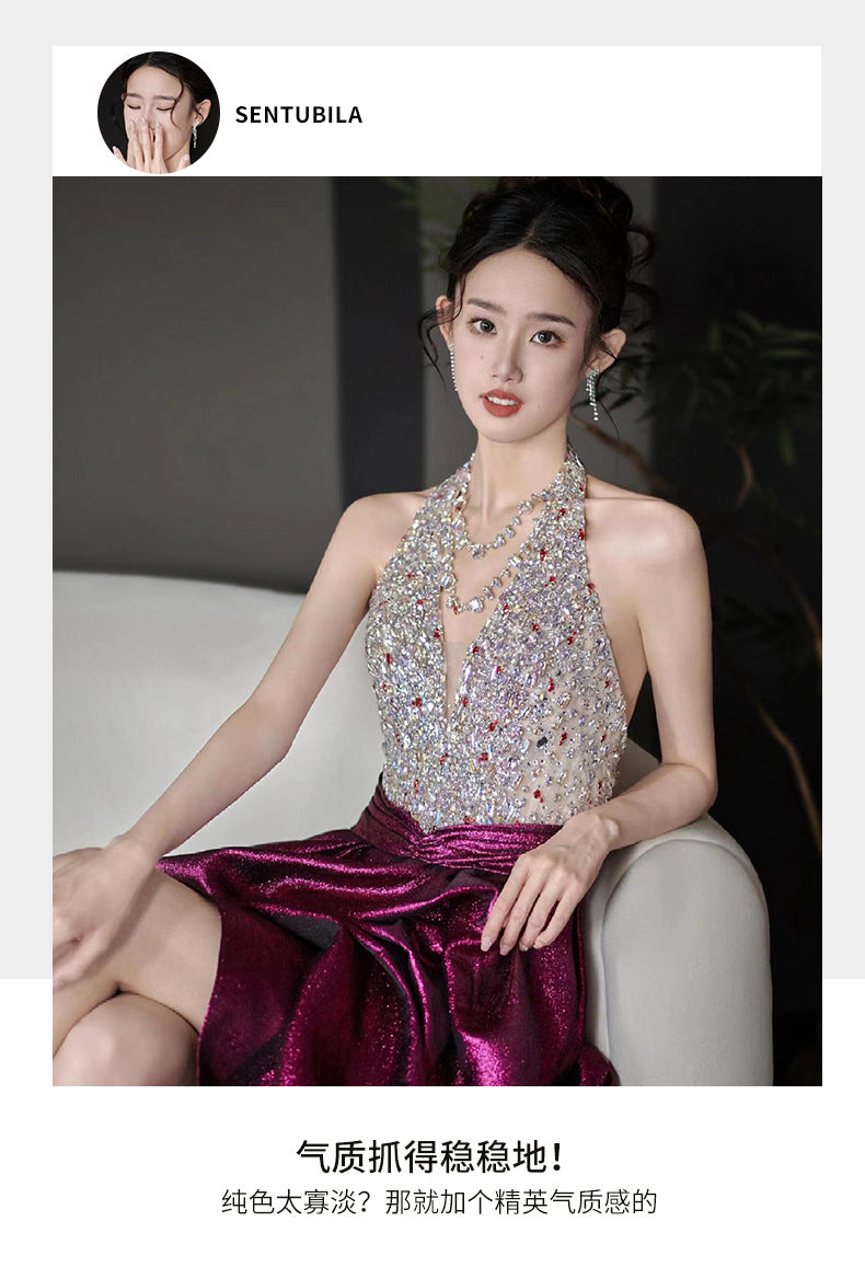 Halter Evening Dress 2024 New High Sense Heavy Industry Beads Banquet Temperament Host Bride Engagement Toast Clothing