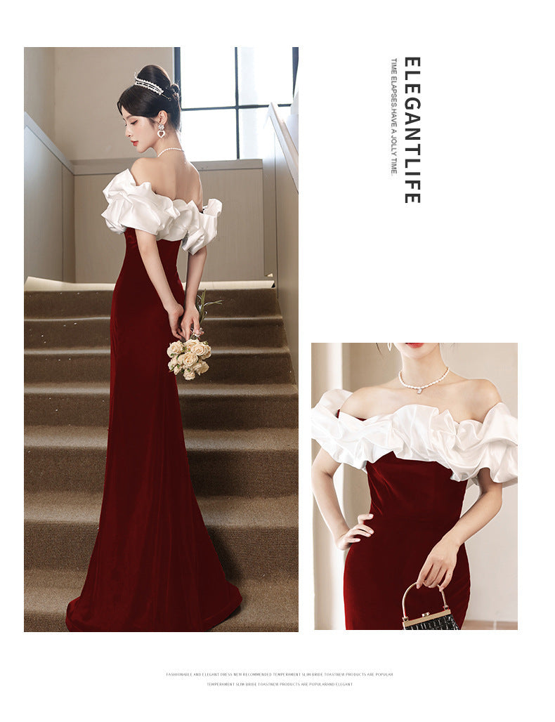 2024 New Summer Red Bardot Temperament Ladies Party Dress Host Dress Slim Fit Fishtail Dress