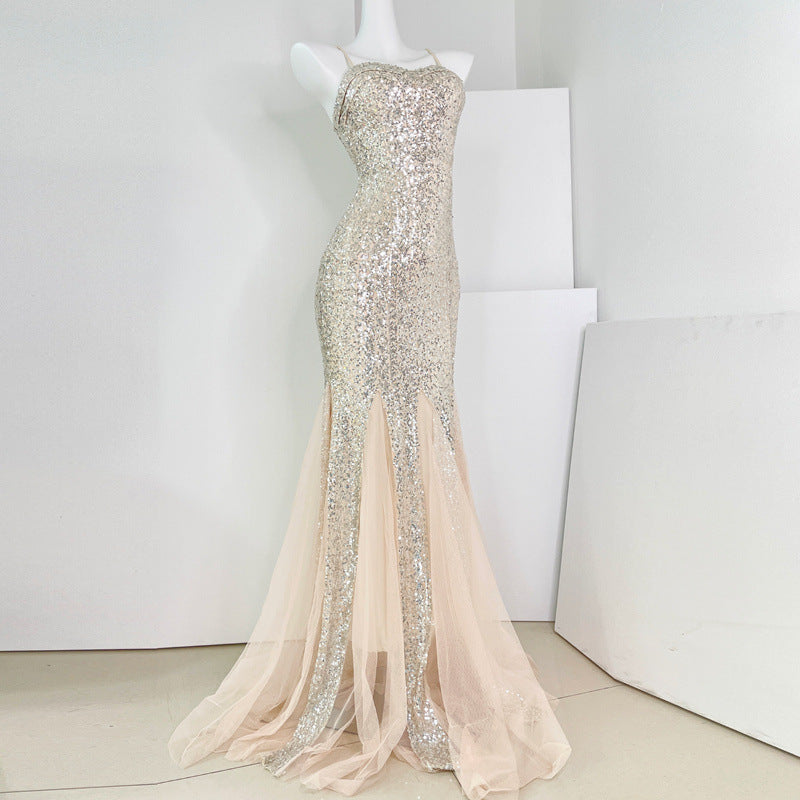 Mermaid Banquet Evening Dress 2024 New High-Grade Fine Glitter Dress Mesh Fishtail Dress Small Dress