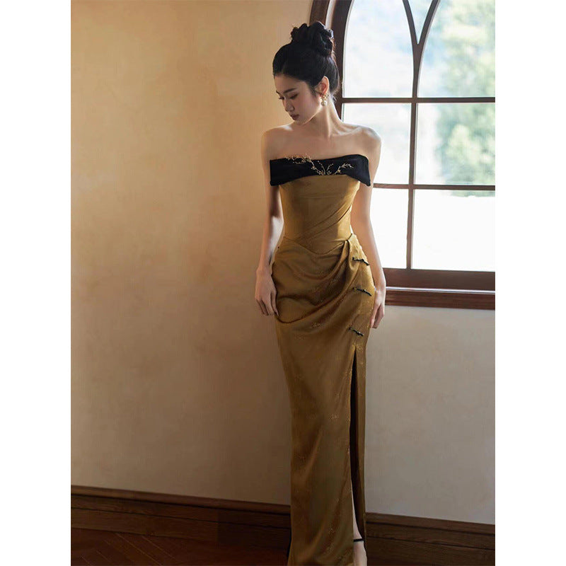 Morning Gowns Women's 2024 New High-Grade New Chinese Style Tube Top Toast Clothing Niche Retro Slit Bride Engagement Formal Dress