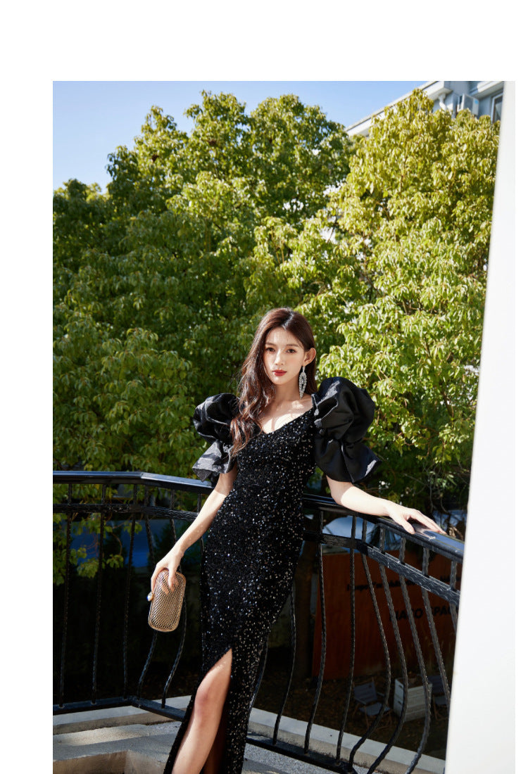 European and American Evening Dress Retro Party Exaggerated Puff Sleeve Sequined Small Dress Design Sense Slit Sheath Skirt Toast Clothing
