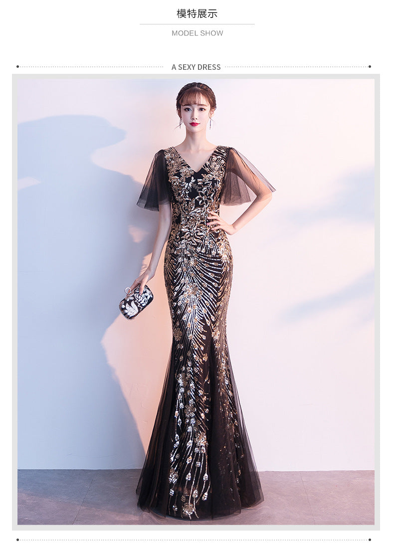 Evening Dress for Women 2024 New Banquet Socialite Gathering Long Style with Medium Sleeves V-neck Black Paillette Host Fishtail