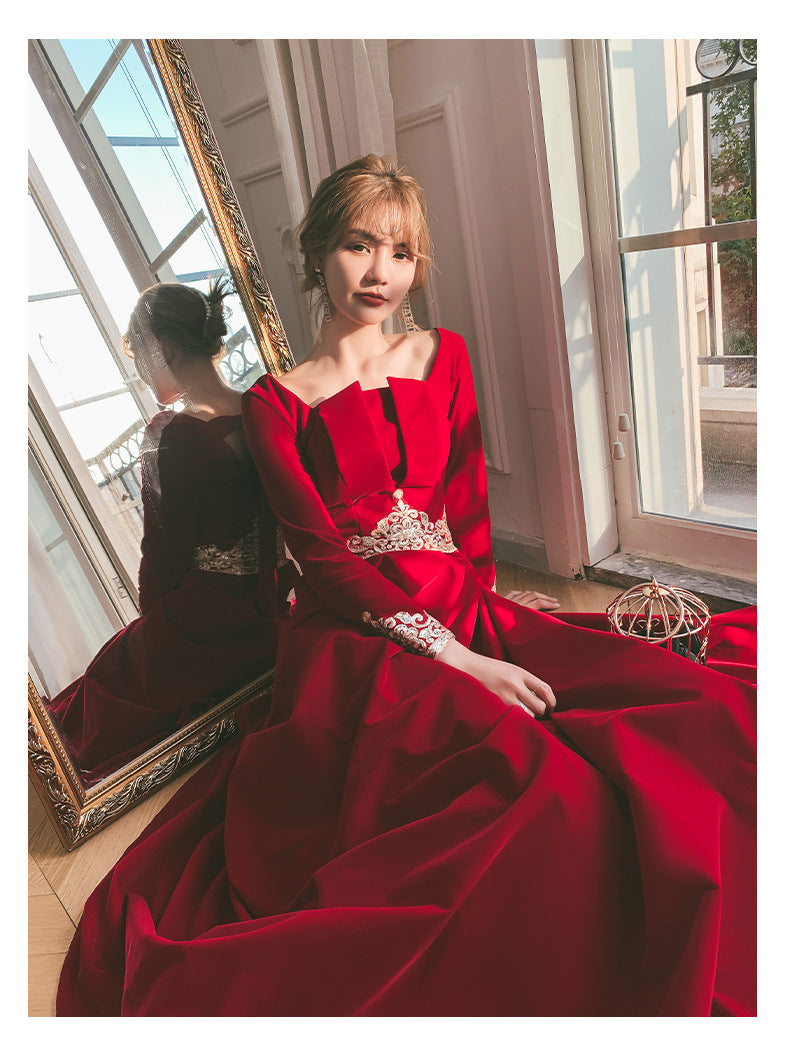 Toast Dress Bride 2024 New Autumn Velvet Long-Sleeved Red Back-to-Door Dinner Dress Marriage Engagement Toast