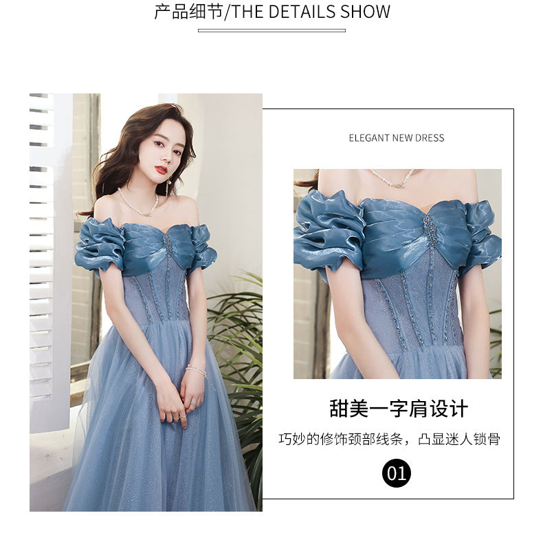 Blue Evening Dress Women's off-Shoulder 2024 New Autumn Banquet Temperament Performance Host Texture Art Exam Dress