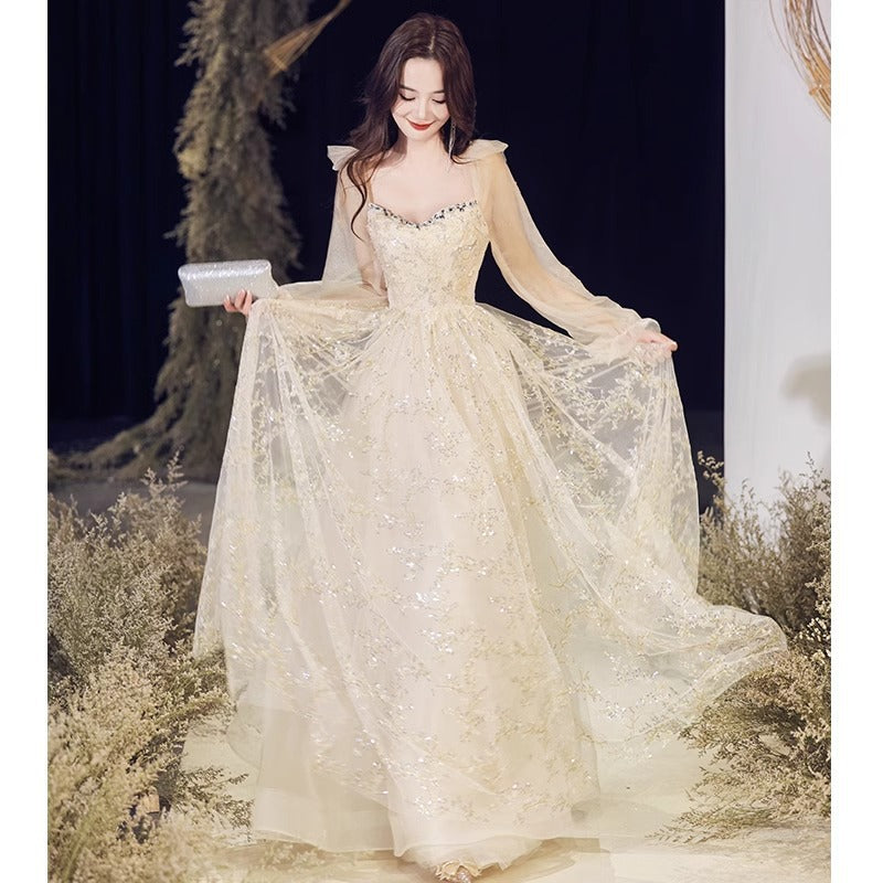 Banquet evening dress high-grade Champagne temperament host fairy dinner Annual Meeting dress long sleeve autumn women