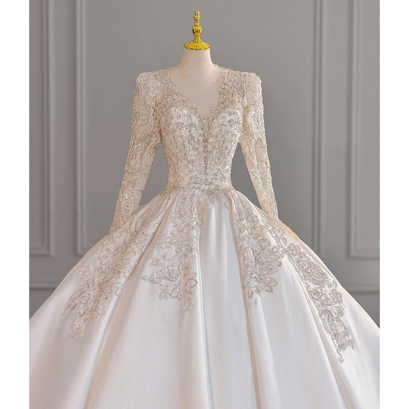 Wedding Dress Satin Lace Bridal Long Sleeve French V-neck Advanced Texture Court Main Wedding Dress H0020