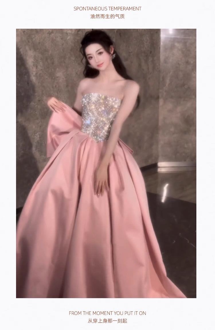 Pink Evening Dress for Women 2024 New High-Grade Tube Top Banquet Temperament Host Birthday Dress 18-Year-Old Adult Ceremony