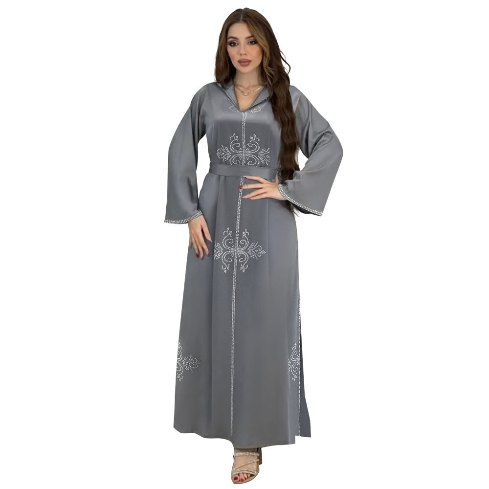 Xqy500157 Middle East Abaya Ethnic Style Dress Hooded Robe Fashion Diamond-Embedded Slits Lower Hem Dress