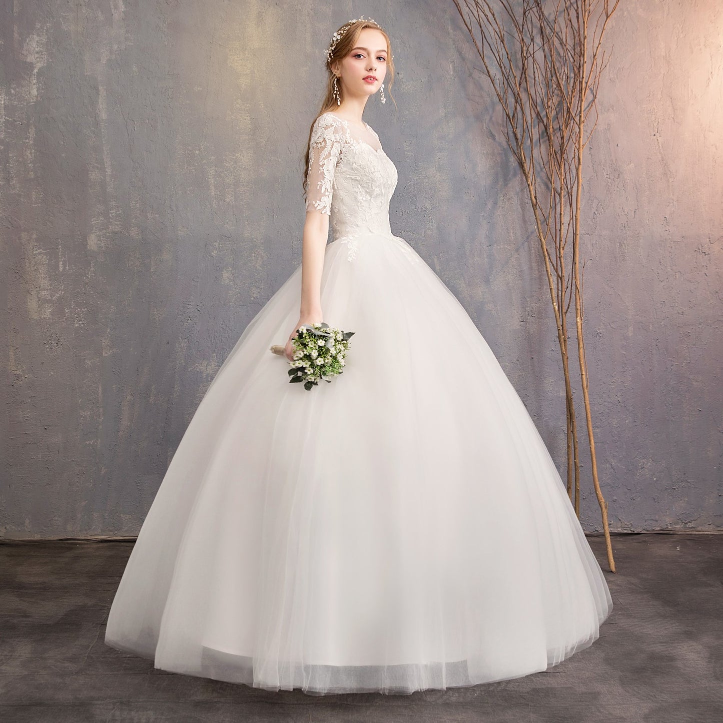 Wholesale Primary Wedding Dress 2024 New off-Shoulder Half Sleeve Floor-Length Simple Lightweight Wedding Dress French Retro Female Manufacturer