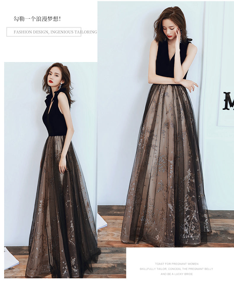 Annual Party Evening Dress Women's Banquet Temperament Dress Black Long Host Velvet V-neck Elegant Lace