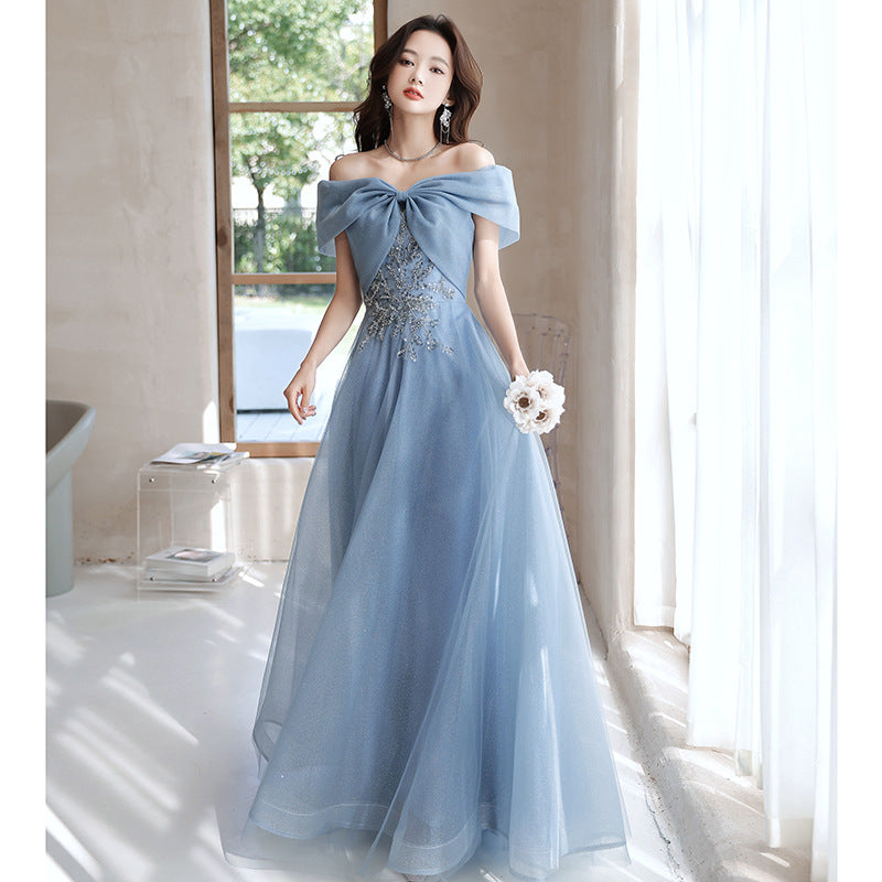 off-Shoulder Blue Evening Dress for Women Banquet Temperament French Entry Lux Niche High-End Host Art Exam Chorus Clothing