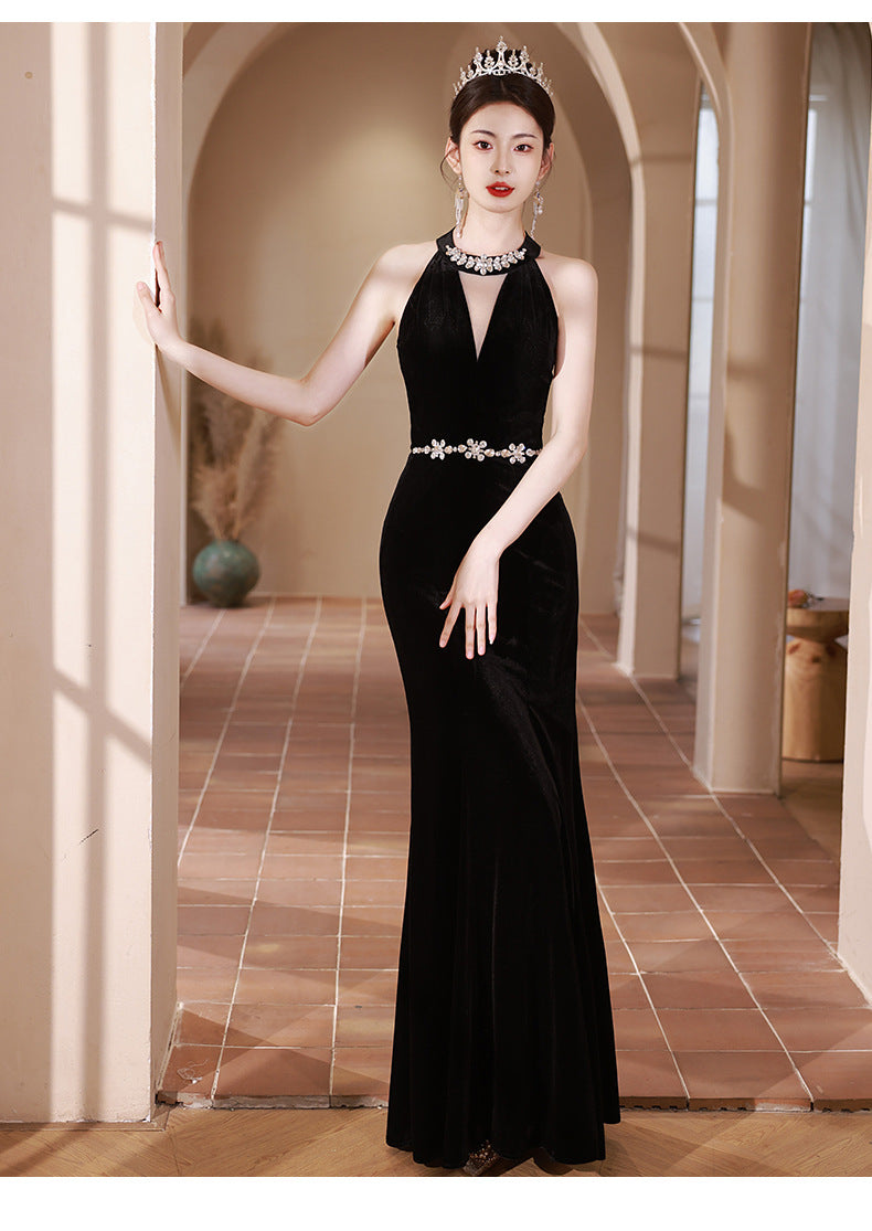 Black Halter V-neck Evening Dress Niche High-End Adult Ceremony Graduation Fishtail High-End Birthday Host Ceremony