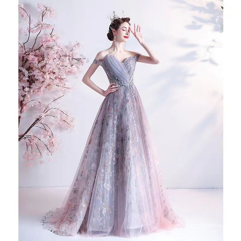 Wholesale Purple Evening Dress Bridal Wedding Toast Dress 2023 New Banquet Temperament Host Dress Autumn