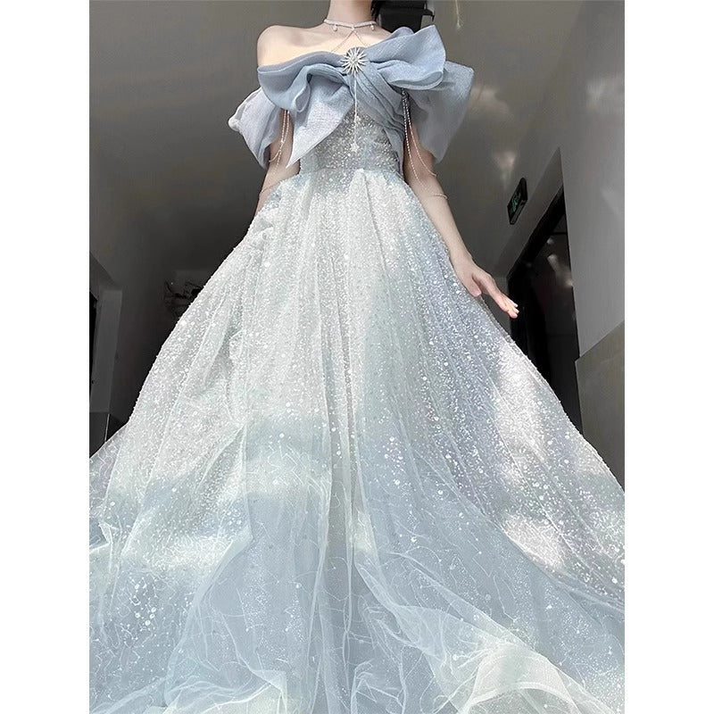 off-Shoulder Evening Dress for Women Banquet Temperament Light Luxury Minority High-End Host Art Exam Adult Ceremony Dress Pettiskirt