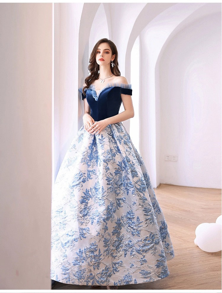 Evening Dress for Women 2024 Summer Blue off-Shoulder Banquet Performance Performance and Catwalk Host Wedding Dress