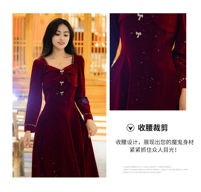 Toast Dress Bride Wine Red Spring and Autumn Wine Red Wedding Back-to-Door Dress Small Size Dress Daily Style