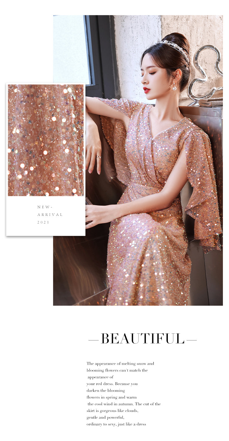 Foreign Trade Cross-Border Supply Evening Dress for Women 2024 New Banquet Socialite Temperament Entry Lux Niche Host Sense Sequins