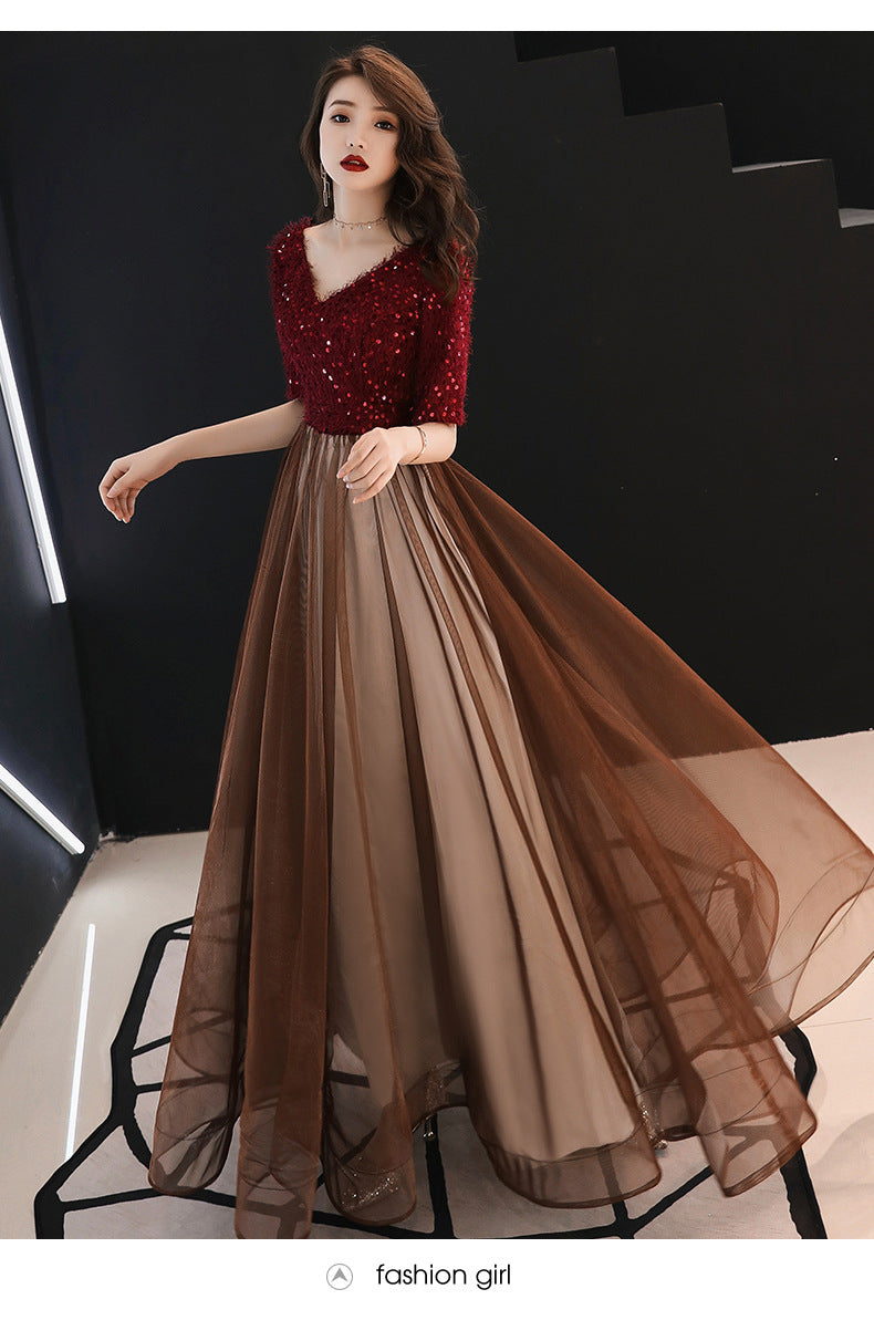 Summer Evening Dress for Women Banquet Temperament Annual Meeting Long Style 2024 New Modern Socialite Host Wine Red Autumn