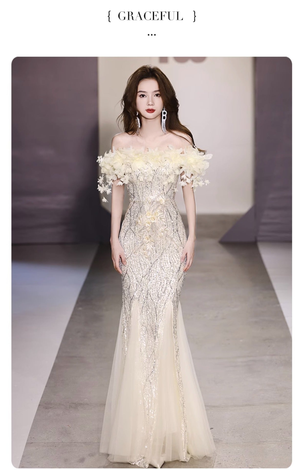 Fishtail Evening Dress 2024 off-Shoulder High-End Affordable Luxury Niche High-End Host Sequined Annual Meeting Dinner Flash