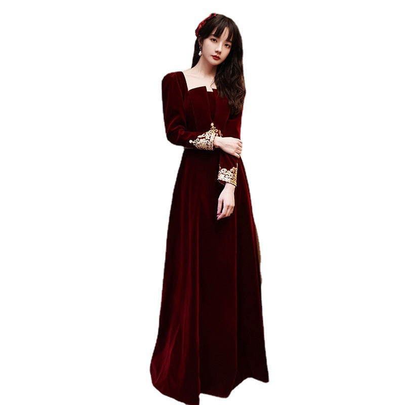 Wedding Toast Dress 2024 New Velvet Wine Red Long Bride Long Evening Dress Autumn Elegant Toast