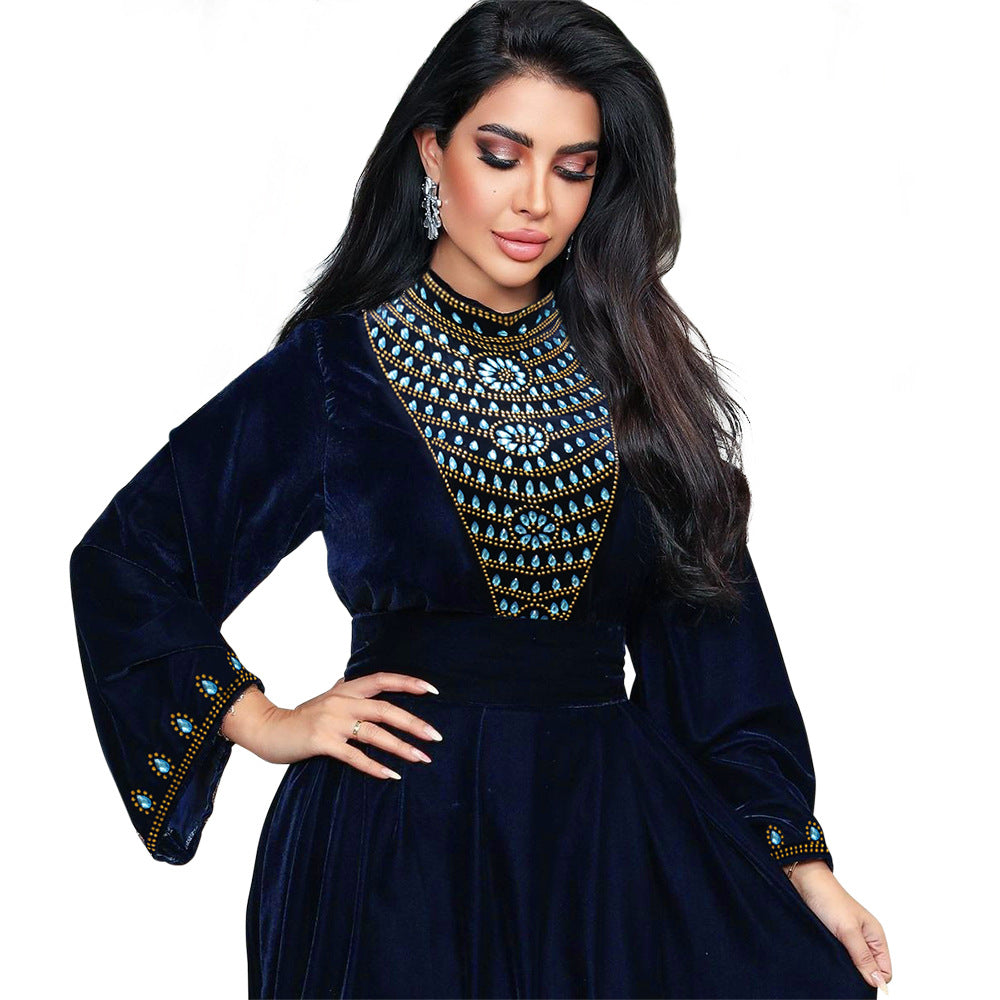 Xqy500219 Muslim Dubai Suede Dinner Dress Robe Blue Water Drop Rhinestone Jalabia Women's Clothing