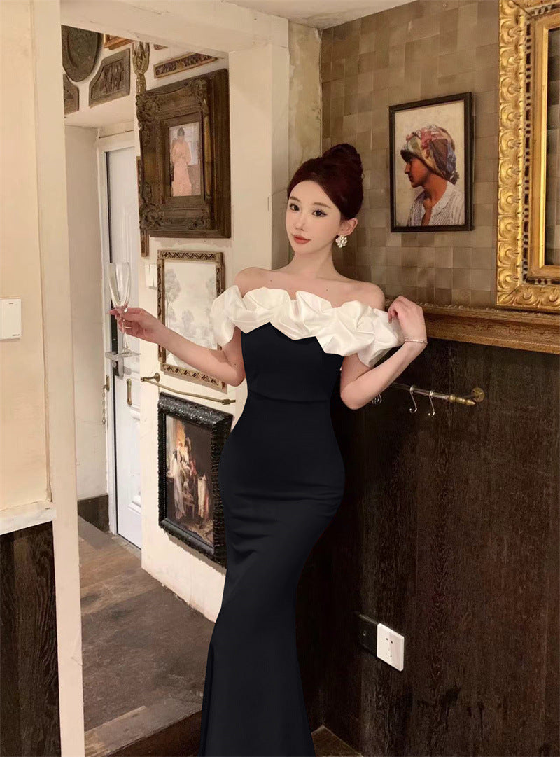 2883 Cross-Border Foreign Trade Women's Clothing Wholesale Southeast Asia off-Shoulder Contrast Color Evening Dress Temperament Slimming Fishtail Dress