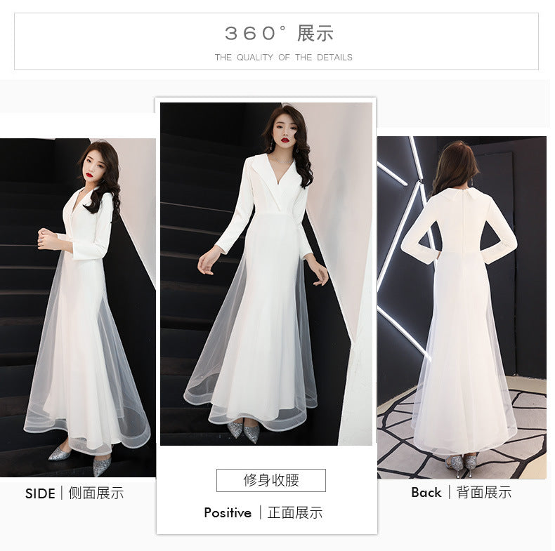 White Evening Dress Women's Long-Sleeved Annual Meeting Host Fishtail Dinner Dress 2024 New Socialite Long Temperament Slimming