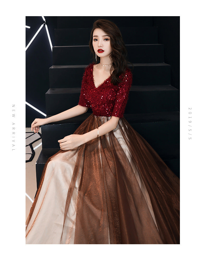 Summer Evening Dress for Women Banquet Temperament Annual Meeting Long Style 2024 New Modern Socialite Host Wine Red Autumn