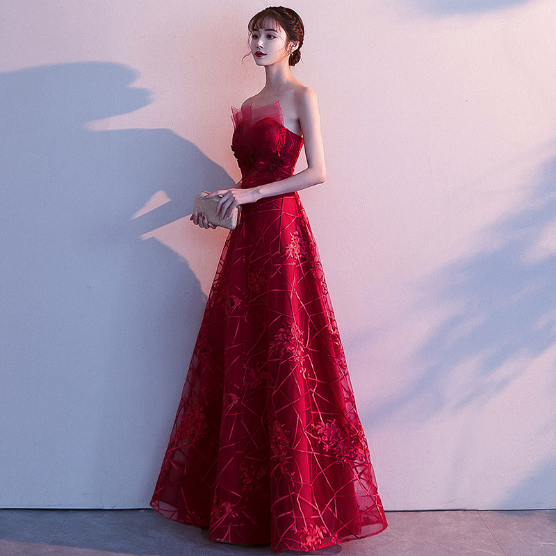 Toast Dress Bride 2024 New Autumn Winter Sexy Strapless Long Type Slimming Wedding Appreciation Dinner Red Evening Dress for Women