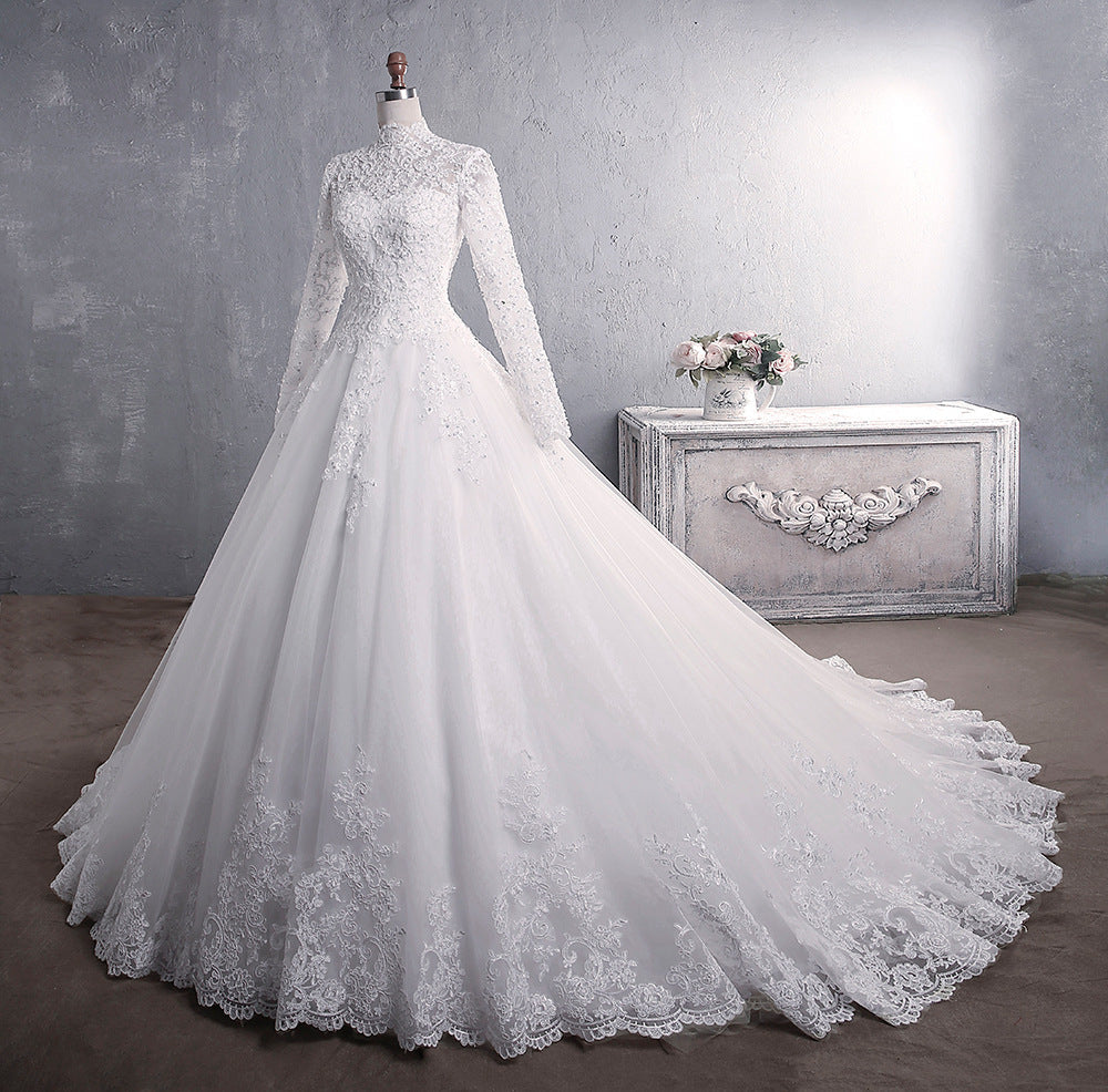 Wedding Dress Long Sleeve Muslimah Lace Bridal Stand Collar Large Tail Dinner Dresses Evening Ball Muslim Bride Gown H900