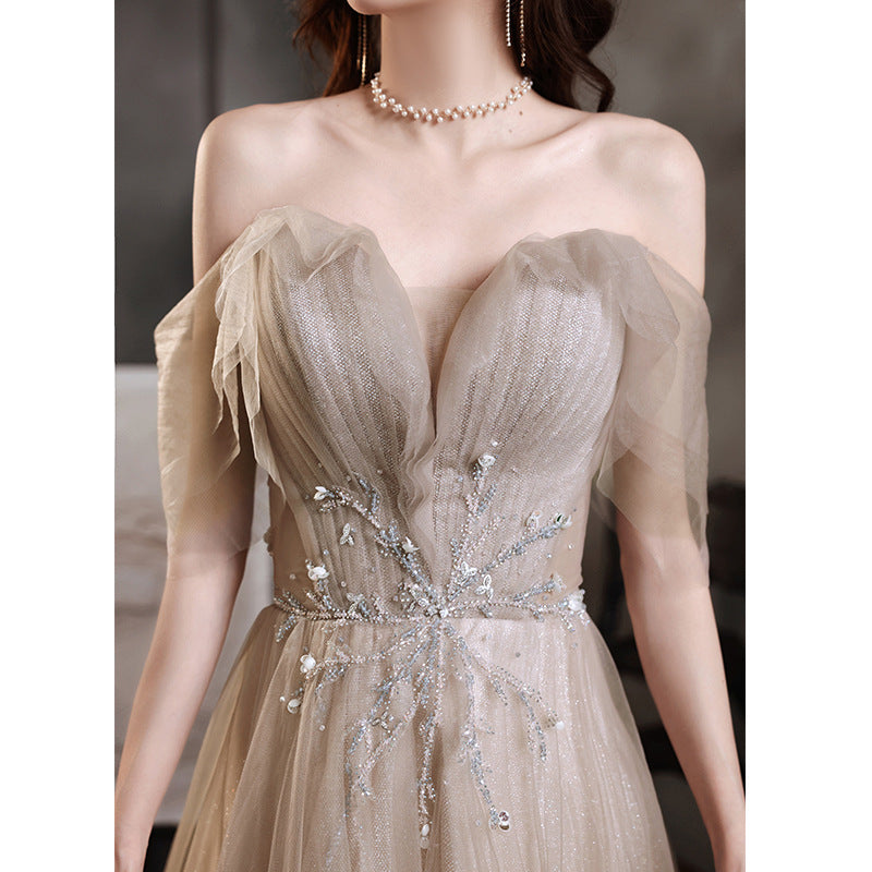 Banquet Evening Dress 2024 New off-Shoulder Dignified Socialite Champagne Dress Host Dinner Annual Meeting Gift