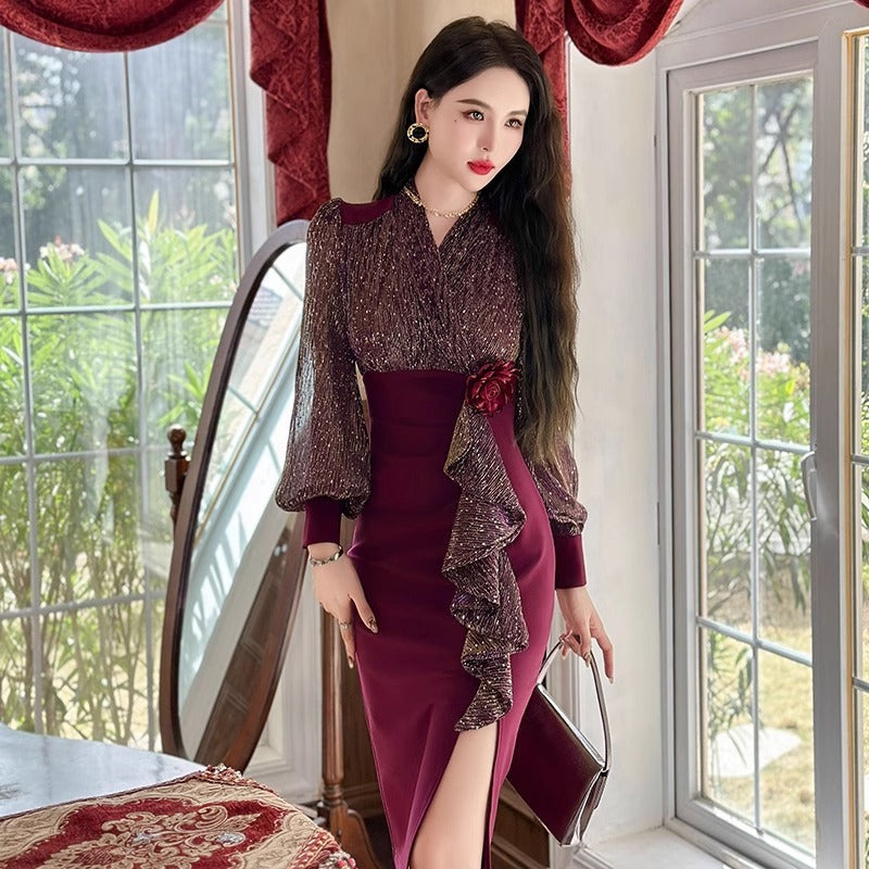 New Fall Women's Clothing Slim Fit Slimming Long Sleeves Dress Elegant High Sense Light Luxury Minority Red Engagement Dress