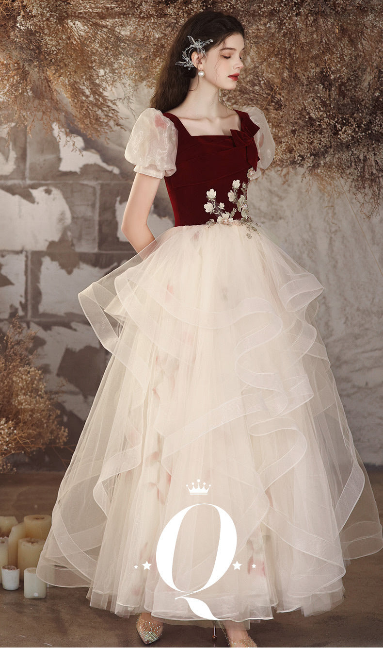 Sweet Velvet Puff Sleeve Toast Dress 2024 New Bridal Marriage Engagement Design Pettiskirt Evening Dress