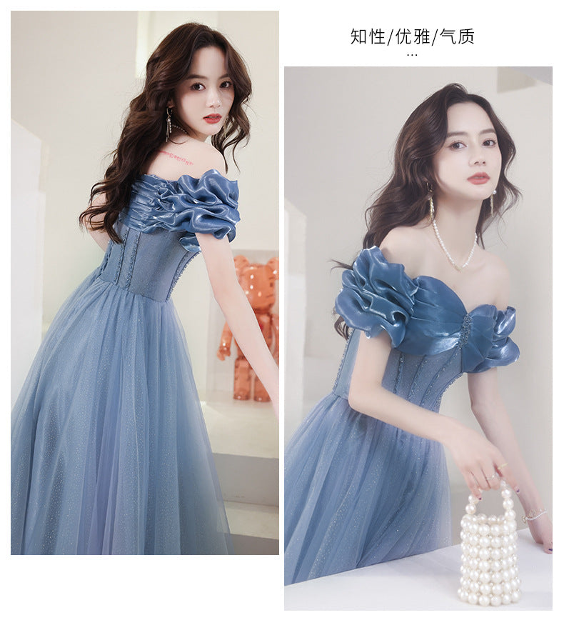 Blue Evening Dress Women's off-Shoulder 2024 New Autumn Banquet Temperament Performance Host Texture Art Exam Dress