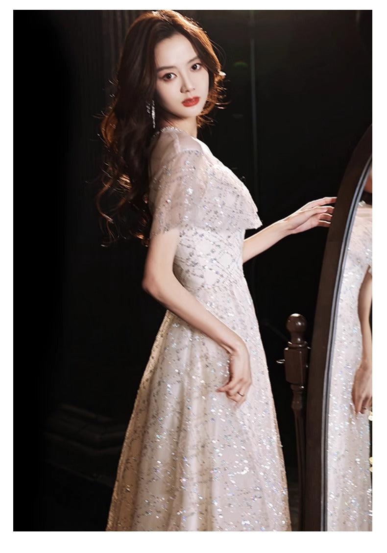 2024 New Sequined Evening Dress Women's High Sense Special Interest Light Luxury Banquet Temperament Annual Meeting Dinner Host