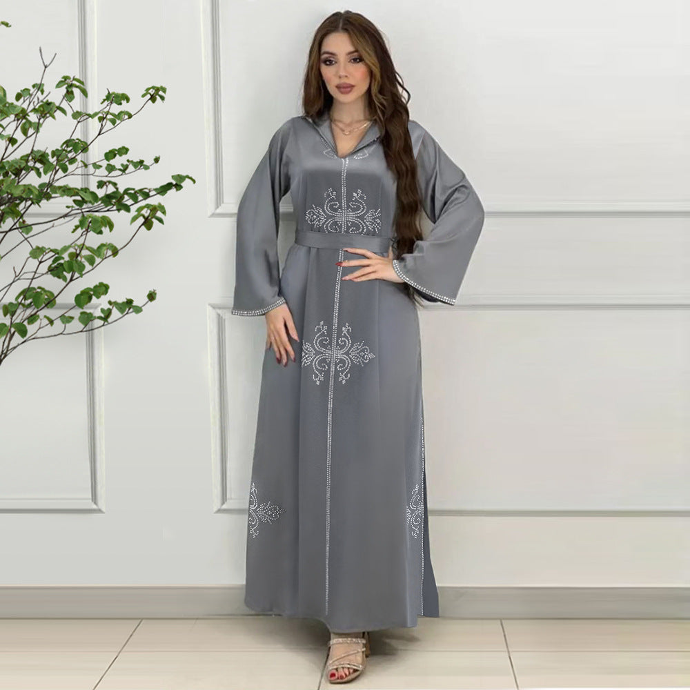 Xqy500157 Middle East Abaya Ethnic Style Dress Hooded Robe Fashion Diamond-Embedded Slits Lower Hem Dress